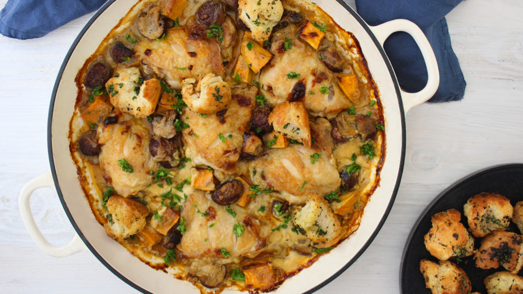 Creamy Chicken, Mushroom and Sweet Potato Korma Tray-Bake - The Spice Tailor US